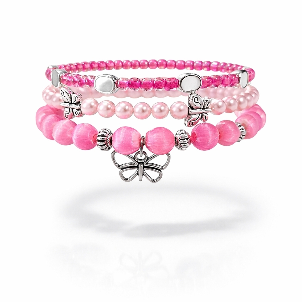 Pink Butterfly Charm Layered Stack Bracelet Set